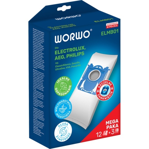 WORKI DO ODKURZACZA ELECTROLUX PHILIPS AEG WORWO ELMB01 12 SZT. + 3 FILTRY WLOTOWE