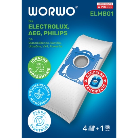 WORKI DO ODKURZACZA ELECTROLUX PHILIPS AEG WORWO ELMB01 4 SZT. + 1 FILTR WLOTOWY