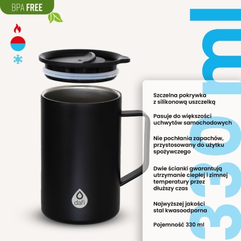 Czarny szczelny kubek termiczny z uchem DAFI DOUBLE WALL 330 ml