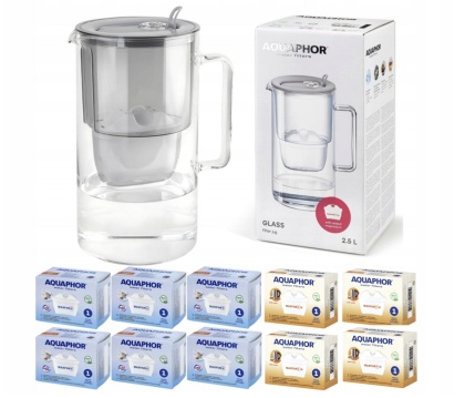 Dzbanek filtrujący szklany Aquaphor Glass 2,5l + 10 wkładów, SZARY