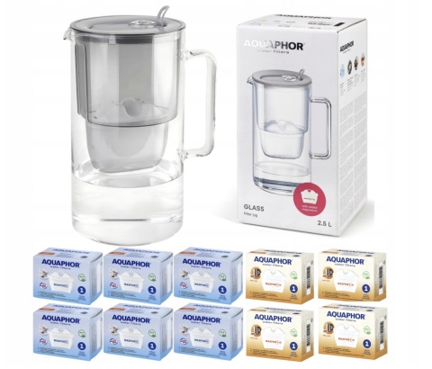 Dzbanek filtrujący szklany Aquaphor Glass 2,5l + 10 wkładów, SZARY