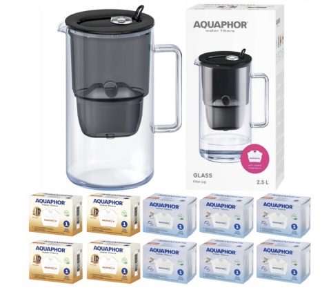 Szklany Dzbanek filtrujący wodę Aquaphor Glass CZARNY +10 filtrów (Maxfor+ i H)
