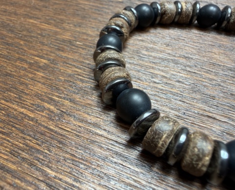 Prestiżowa Bransoletka dla panów, męska - Onyx. Styl Vintage. Naturalny kamień, drewno, metal.