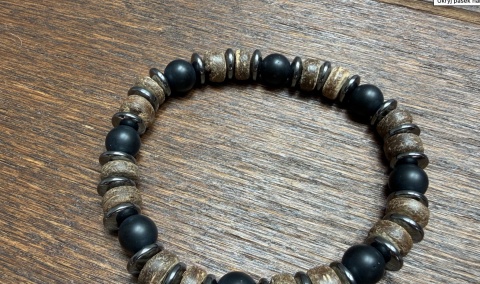 Prestiżowa Bransoletka dla panów, męska - Onyx. Styl Vintage. Naturalny kamień, drewno, metal.