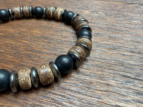 Prestiżowa Bransoletka dla panów, męska - Onyx. Styl Vintage. Naturalny kamień, drewno, metal.
