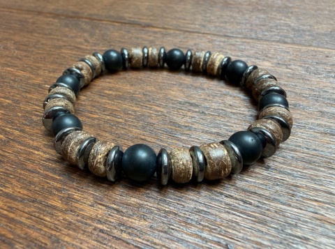 Prestiżowa Bransoletka dla panów, męska - Onyx. Styl Vintage. Naturalny kamień, drewno, metal.