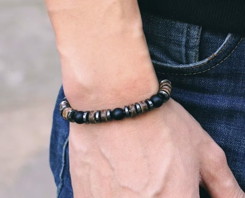 Prestiżowa Bransoletka dla panów, męska - Onyx. Styl Vintage. Naturalny kamień, drewno, metal.
