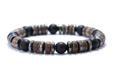 Prestiżowa Bransoletka dla panów, męska - Onyx. Styl Vintage. Naturalny kamień, drewno, metal.
