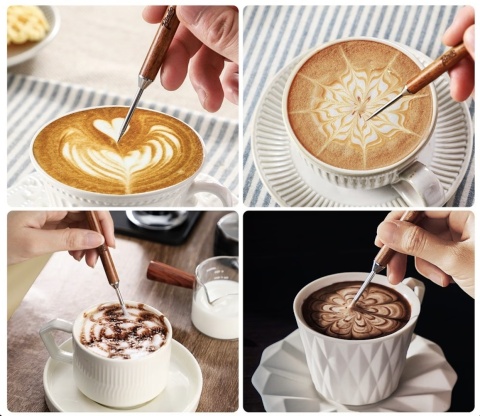 Igła Rysik BLUEPLAN do zdobienia kawy LATTE ART Stal Nierdzewna Drewno 16 cm