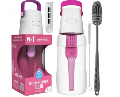 Zestaw Butelka Dafi Solid 0,5L różowa + 2 szczotki do mycia butelek