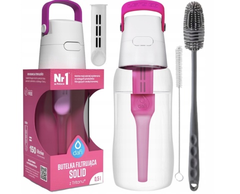 Zestaw Butelka Dafi Solid 0,5L różowa + 2 szczotki do mycia butelek