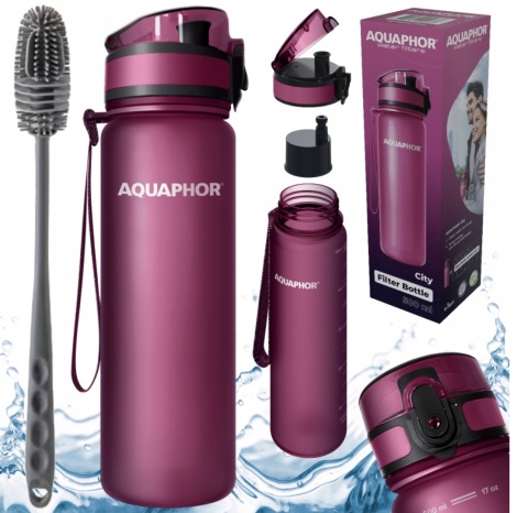 Butelka filtrująca z Tritanu Aquaphor City 0,5L Bordowa + 1 filtr + SZCZOTKA