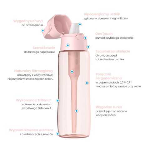 Butelka filtrująca Dafi SOLID 0,7l pudrowy róż DODA + filtr + SZCZOTKA