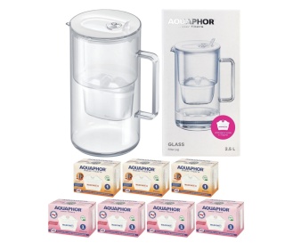Dzbanek do filtrowania szklany Aquaphor Glass biały + 7 filtrów (4Mg+3H)
