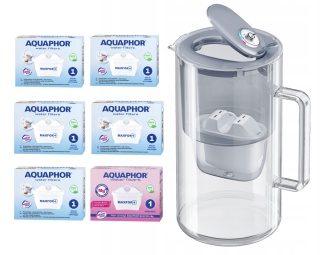 Dzbanek filtrujący szklany Aquaphor Glass 2,5l SZARY + 6 wkładów MIX