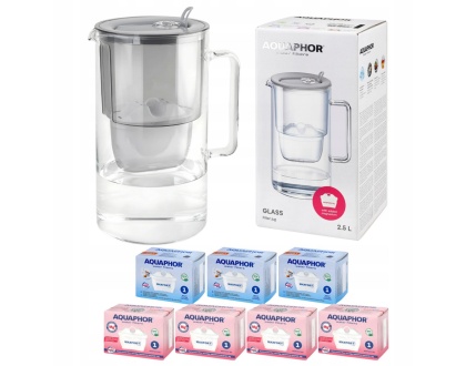 Dzbanek filtrujący szklany Aquaphor Glass 2,5l SZARY + 7 wkładów MIX