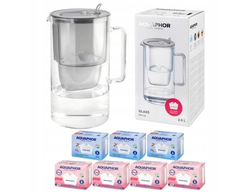 Dzbanek filtrujący szklany Aquaphor Glass 2,5l SZARY + 7 wkładów MIX