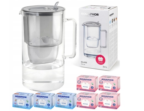 Dzbanek filtrujący szklany Aquaphor Glass 2,5l SZARY + 7 wkładów MIX