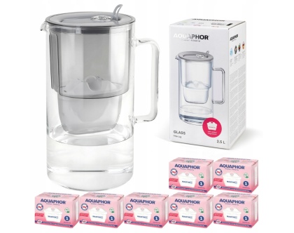 Dzbanek filtrujący szklany Aquaphor Glass 2,5l SZARY + 7 wkładów Maxfor+ Mg