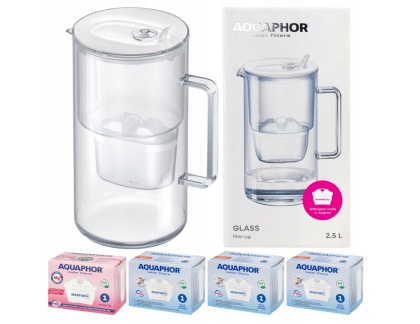 Dzbanek filtrujący szklany Aquaphor Glass biały + 4 filtry Maxfor (1Mg + 3+)
