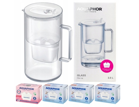 Dzbanek filtrujący szklany Aquaphor Glass biały + 4 filtry Maxfor (1Mg + 3+)