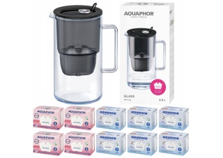 Szklany Dzbanek filtrujący wodę Aquaphor Glass CZARNY +10 filtrów Maxfor + i Mg