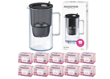 Szklany Dzbanek filtrujący wodę Aquaphor Glass CZARNY +10 filtrów Maxfor+ Mg