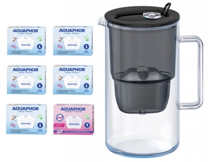 Szklany Dzbanek filtrujący wodę Aquaphor Glass CZARNY +6 filtrów MIX