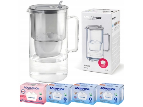 Dzbanek filtrujący szklany Aquaphor Glass 2,5l + 4 wkłady MIX, SZARY