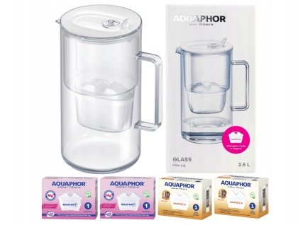 Dzbanek filtrujący szklany Aquaphor Glass biały + 4 filtry Maxfor+ (Mg i H)