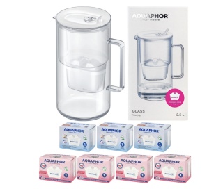 Dzbanek filtrujący szklany Aquaphor Glass biały + 7 filtrów (4Mg+3+)