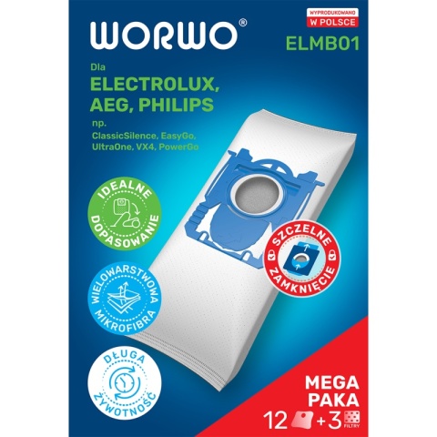 WORKI DO ODKURZACZA ELECTROLUX PHILIPS AEG WORWO ELMB01 12 SZT. + 3 FILTRY WLOTOWE