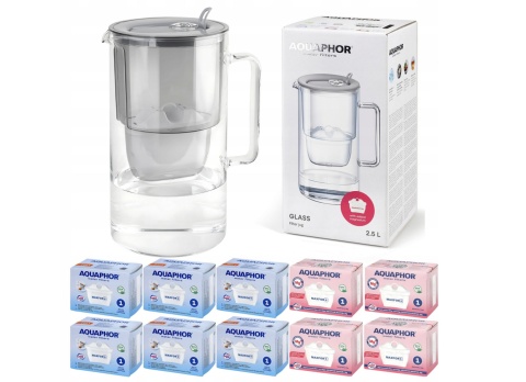 Dzbanek filtrujący szklany Aquaphor Glass 2,5l + 10 wkładów, SZARY