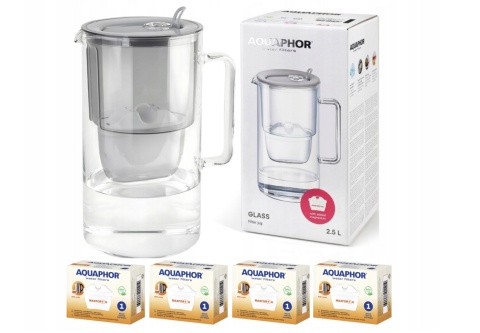 Dzbanek filtrujący szklany Aquaphor Glass 2,5l + 4 Maxfor+ H, SZARY