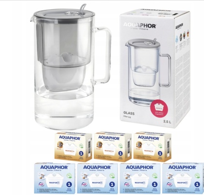 Dzbanek filtrujący szklany Aquaphor Glass 2,5l SZARY + 7 wkładów MIX